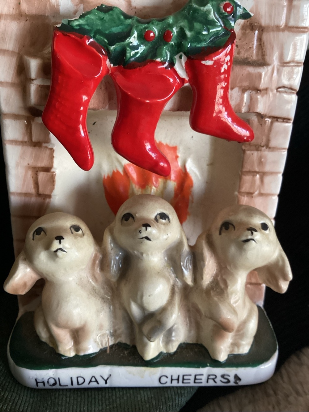 Vintage Ucagco HOLIDAY CHEERS ! Puppies Awaiting SANTA Distressed  Yet SWEET